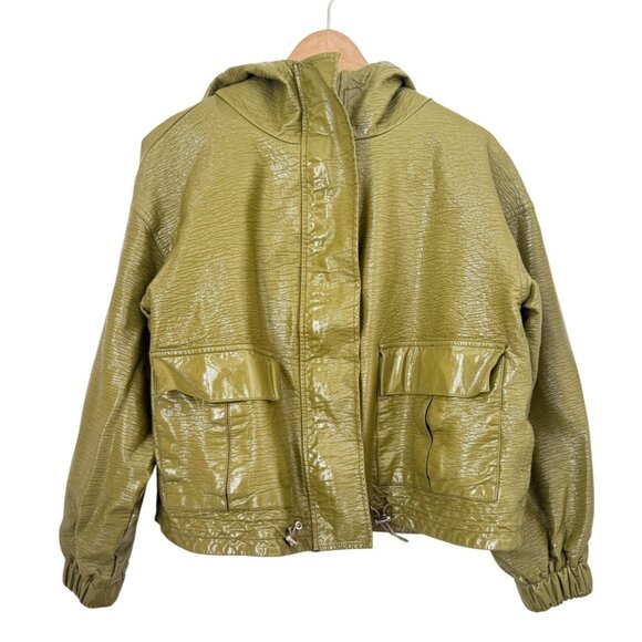Narcissus Olive Green Faux Leather Hooded Jacket w/ Zip Closure & Drawstring Hem - Picture 1 of 12